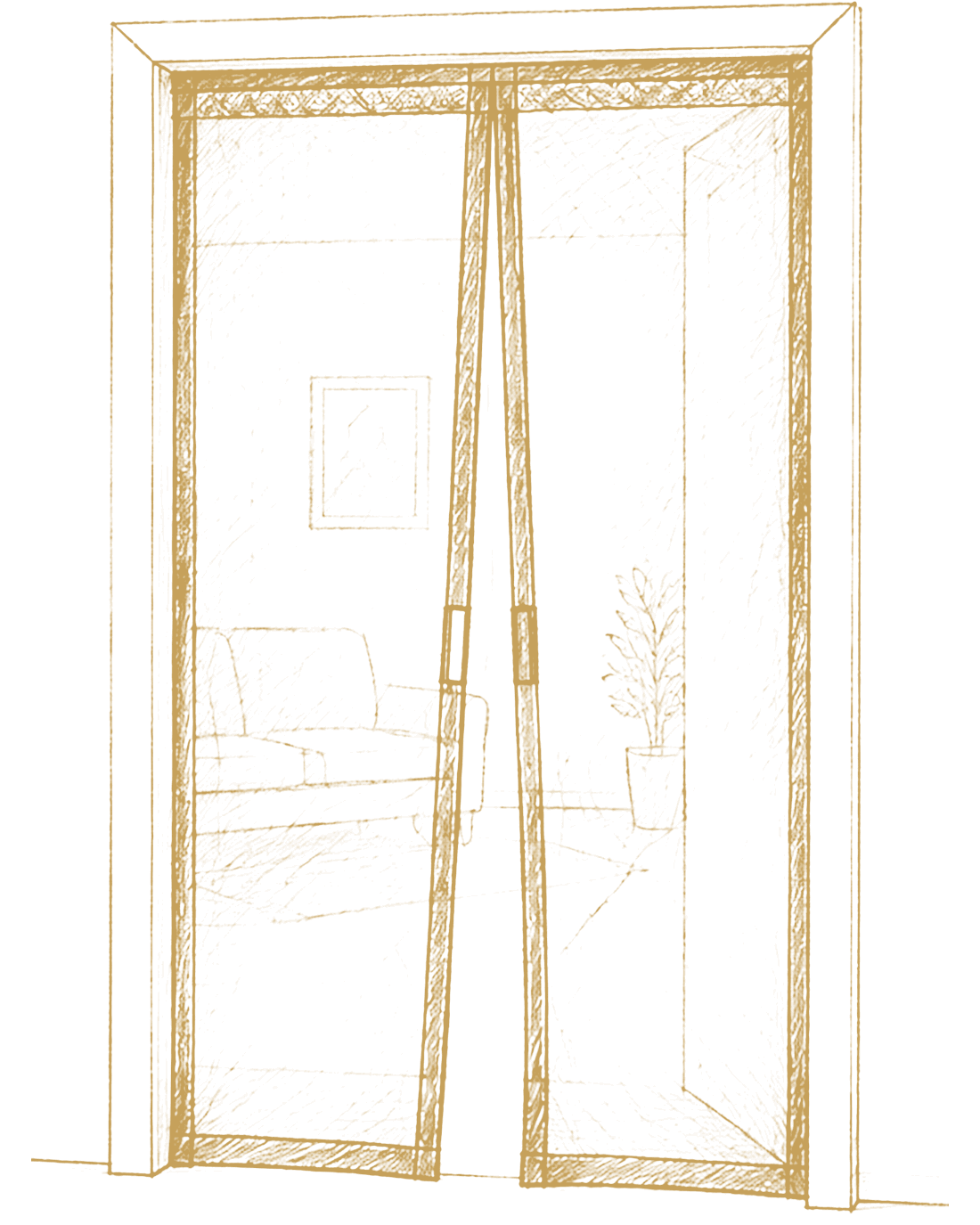 Line drawing of a magnetic mesh screen fitted to a doorway, parting at the centre